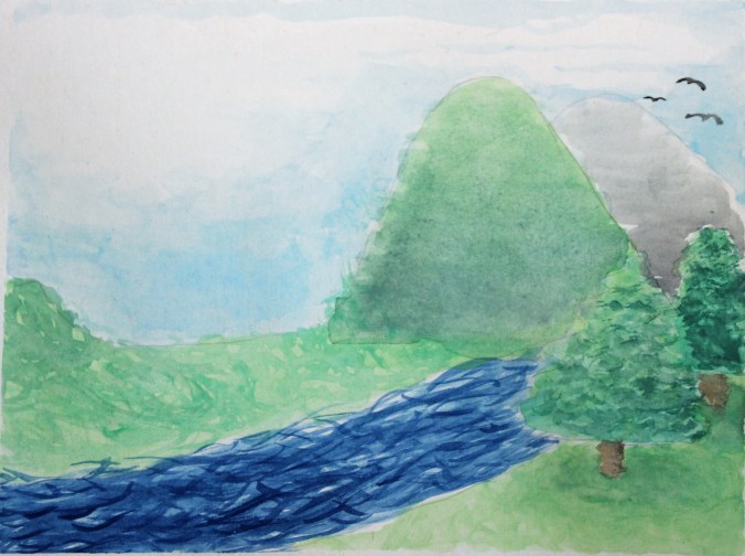 watercolor mountain river scene